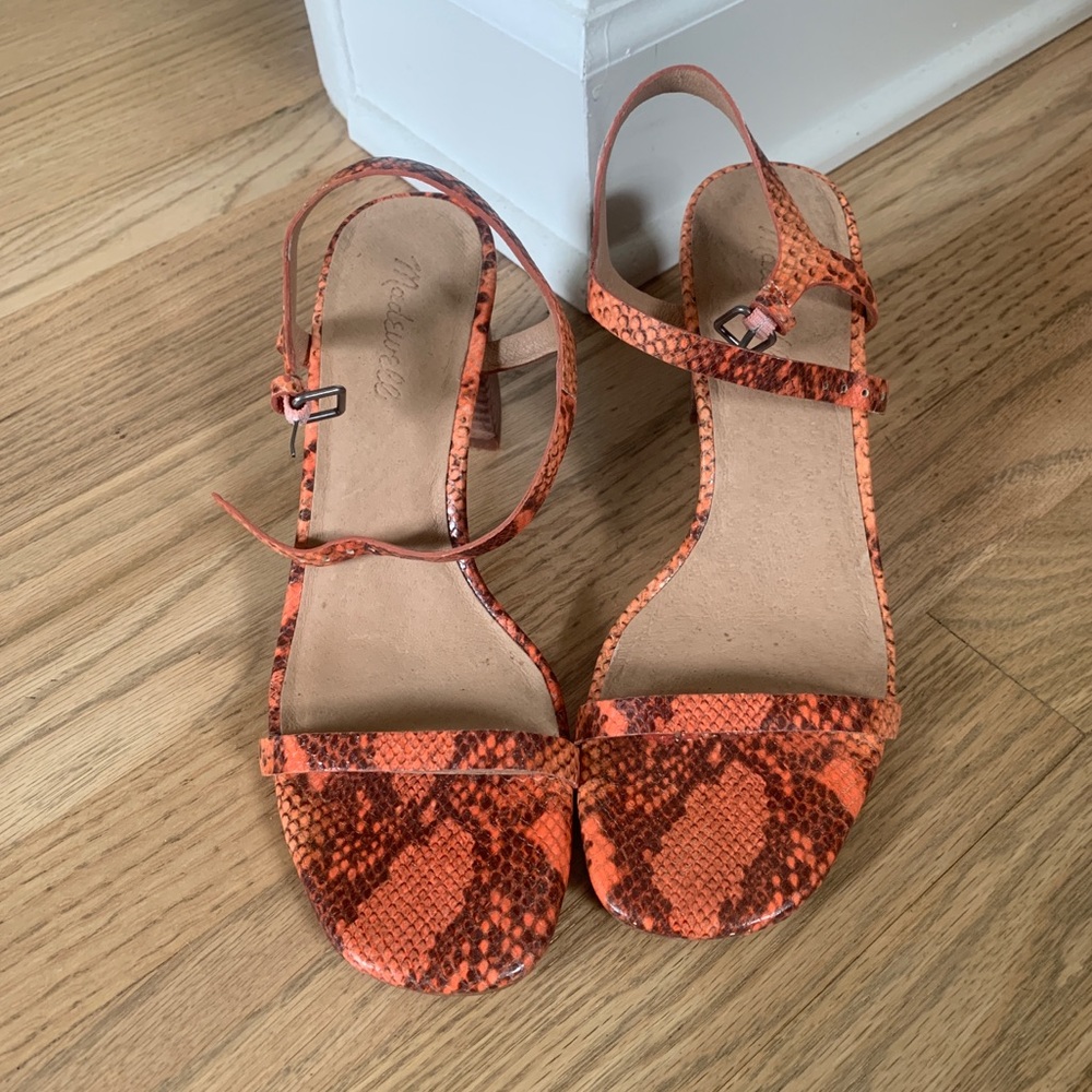 Madewell Orange Sweet Tulip Snake Embossed Holly Ankle Strap square toe Heels